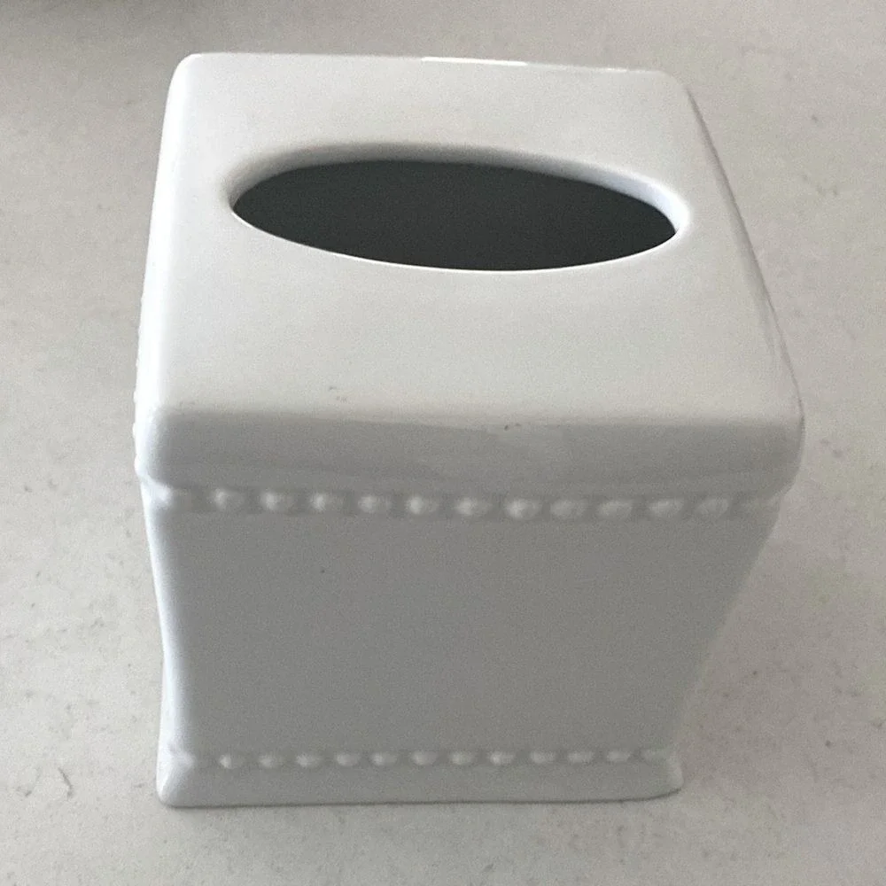 White Ceramic Beaded Tissue Box Cover Square Glossy Boutique Holder Vanity Decor